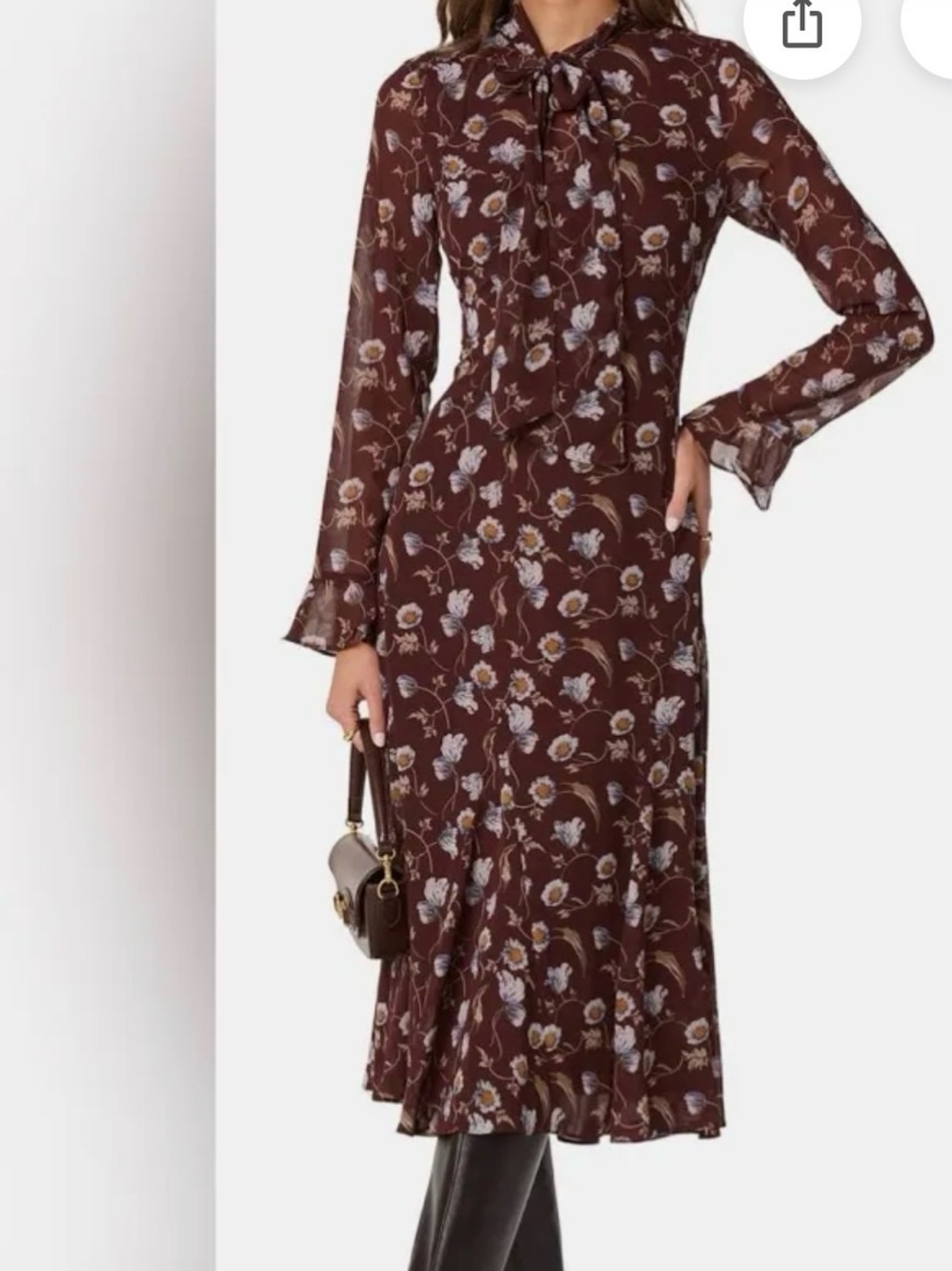 Floral Tie-Neck Long Sleeve Midi Dress in Deep Brown